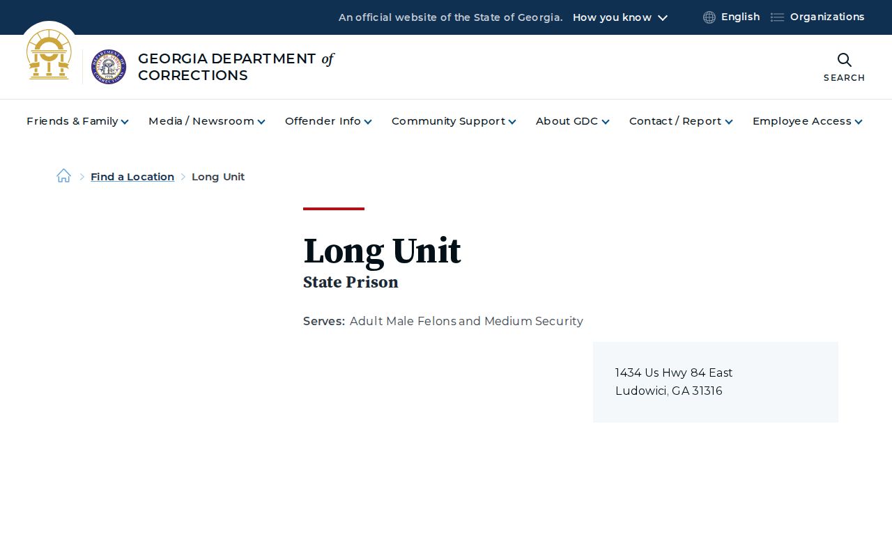 Georgia Department of Corrections Long Unit location page